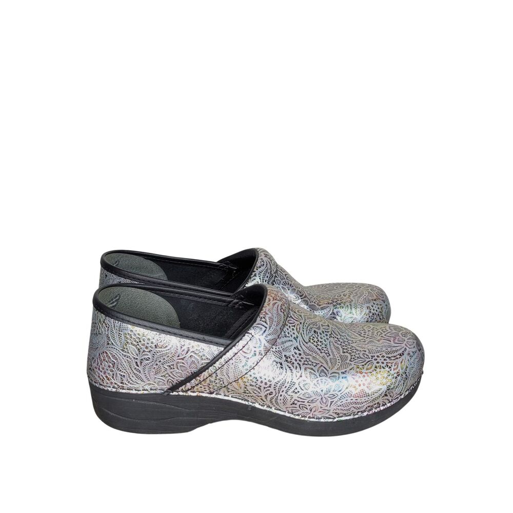 Dansko Lacy Iridescent Leather Embossed Floral Women's Clogs Sz 42 Comfort Work